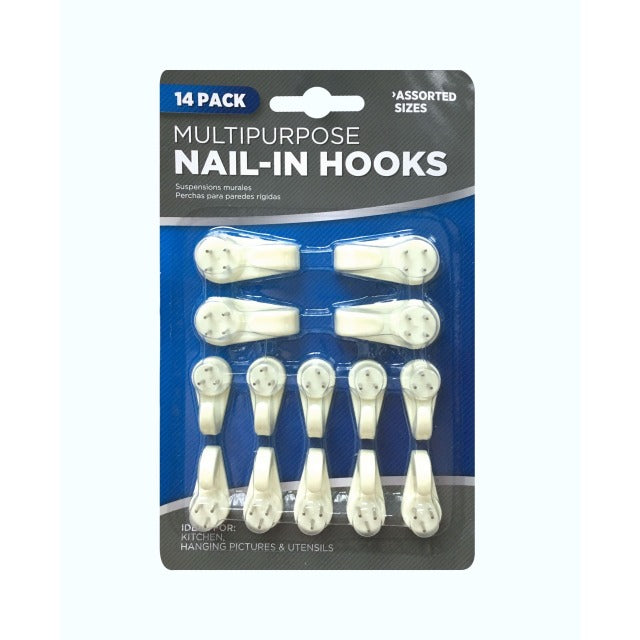 Multi-purpose Nail-In Hooks 14 pk